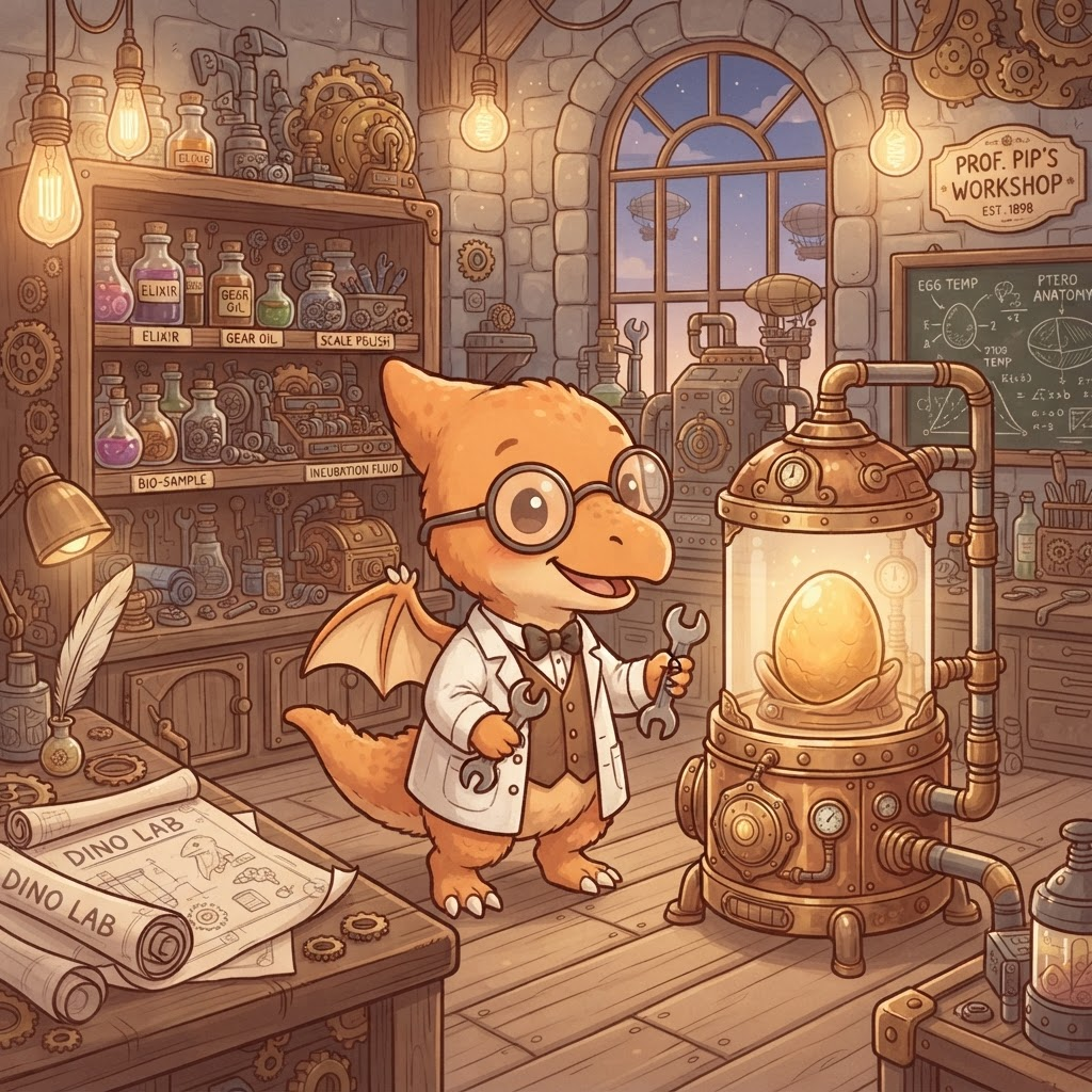 Professor Dino incubating a glowing golden egg