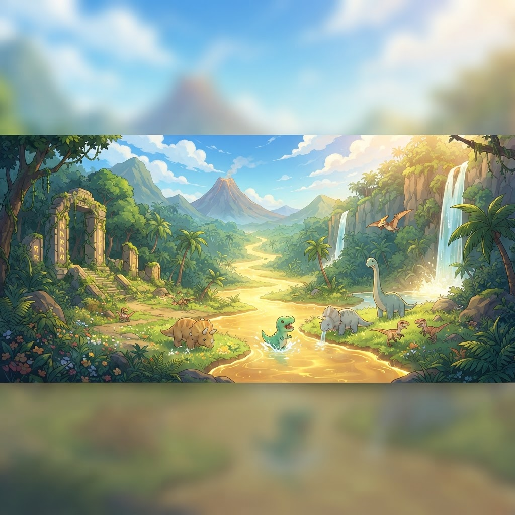 Dino Land panorama: a golden sacred river flows through jungle and ancient stone tablets