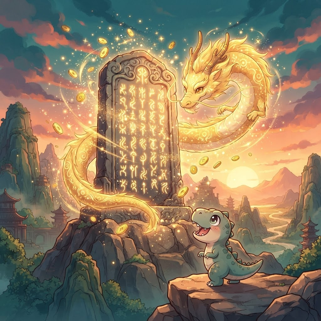 A golden dragon god circles above a glowing ancient tablet while little dinos look up