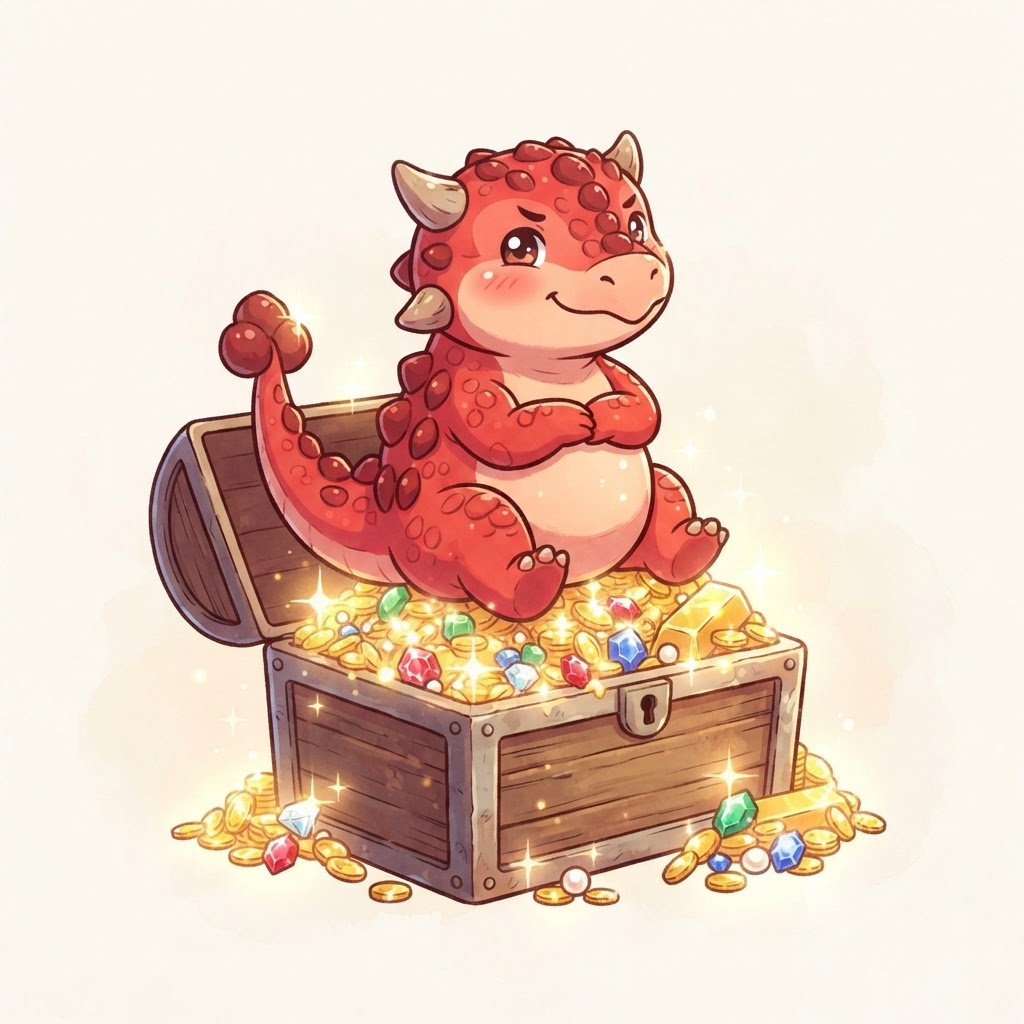 A little dino guarding a treasure chest